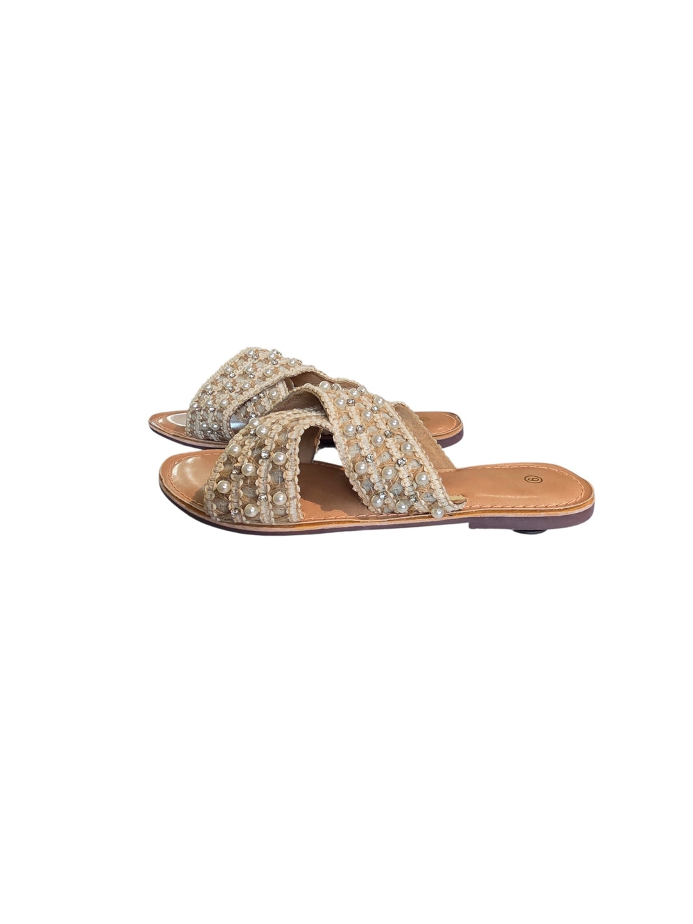 Pearl-Embellished Cream Slide Sandals for Women